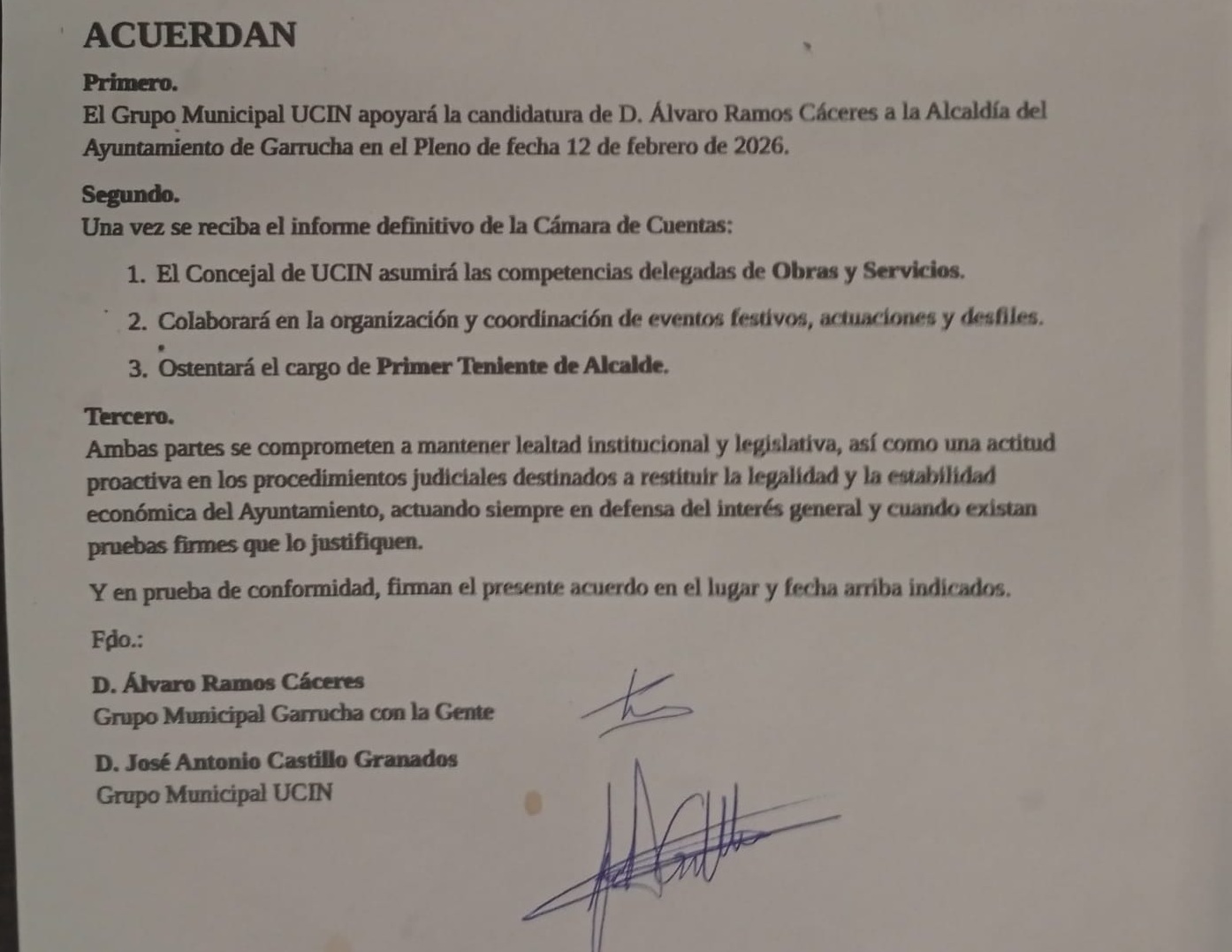 UCIN-Garrucha firmó investir alcalde a Ramos a cambio de Obras y Servicios y la primera tenencia de Alcaldía