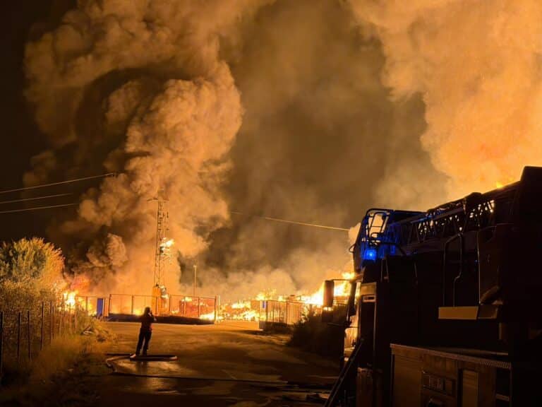 El fuego causa pérdidas de un millón de euros a una empresa de palets de Antas y deja sin luz al casco urbano