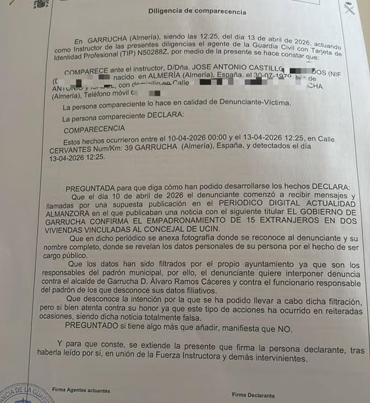 El concejal de UCIN-Garrucha denuncia al alcalde ante la Guardia Civil por supuesta revelación de datos personales