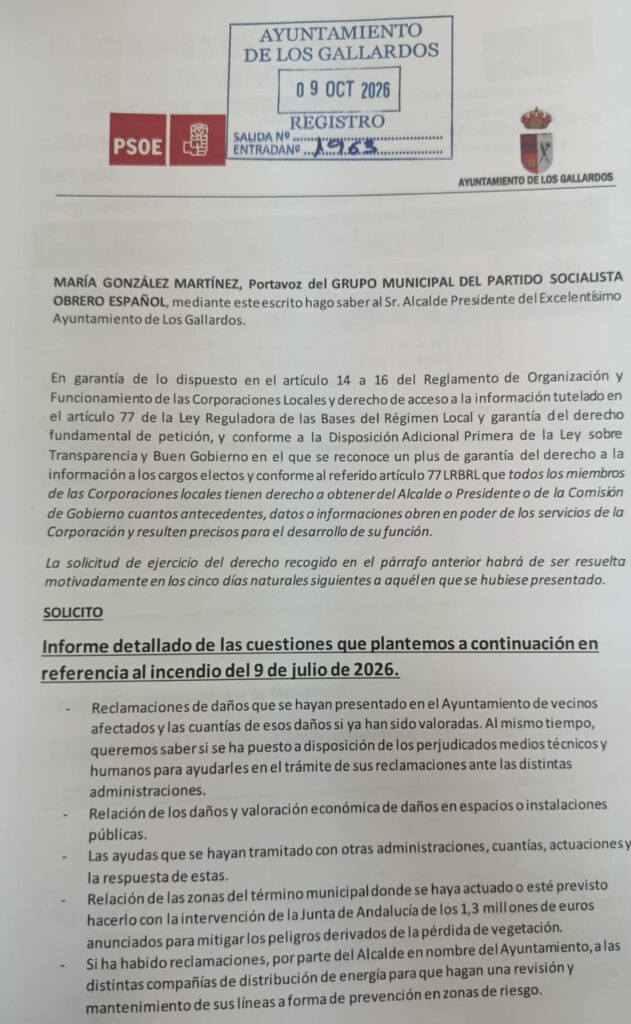 El alcalde de Los Gallardos planta al PSOE en la cita para entregar documentación sobre el incendio